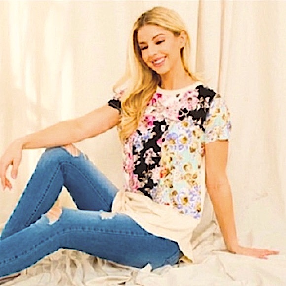 ✌🏼 #1334 Color Block Floral Contrast Gorgeous Tee - Picture 7 of 17